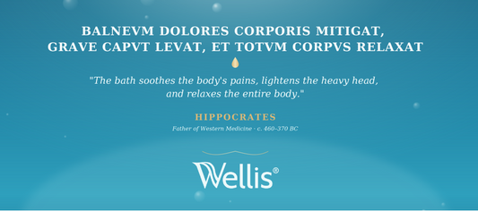 Wellis logo with Hippocrates quote about the relaxing benefits of bathing