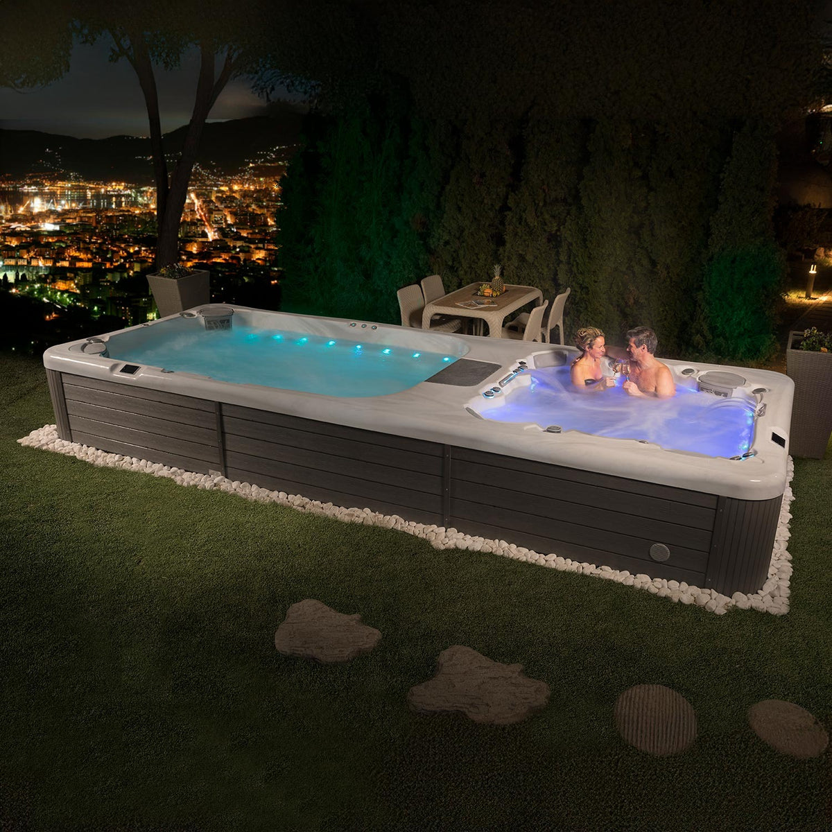 Rio Grande W-Flow semi-inground swim spa – outdoor lifestyle